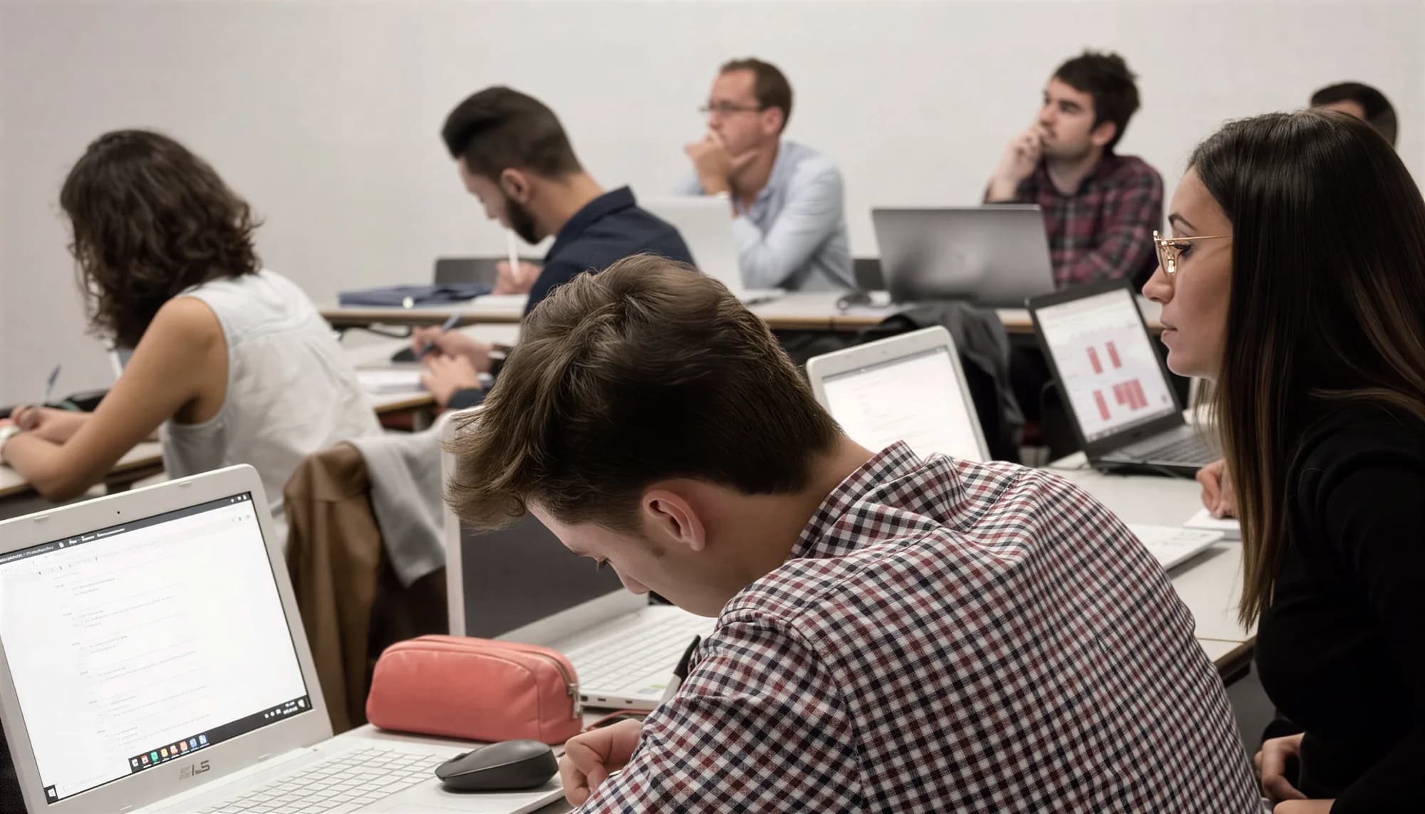 Alumnos trabajando con sus portátiles en una clase de IDESIE