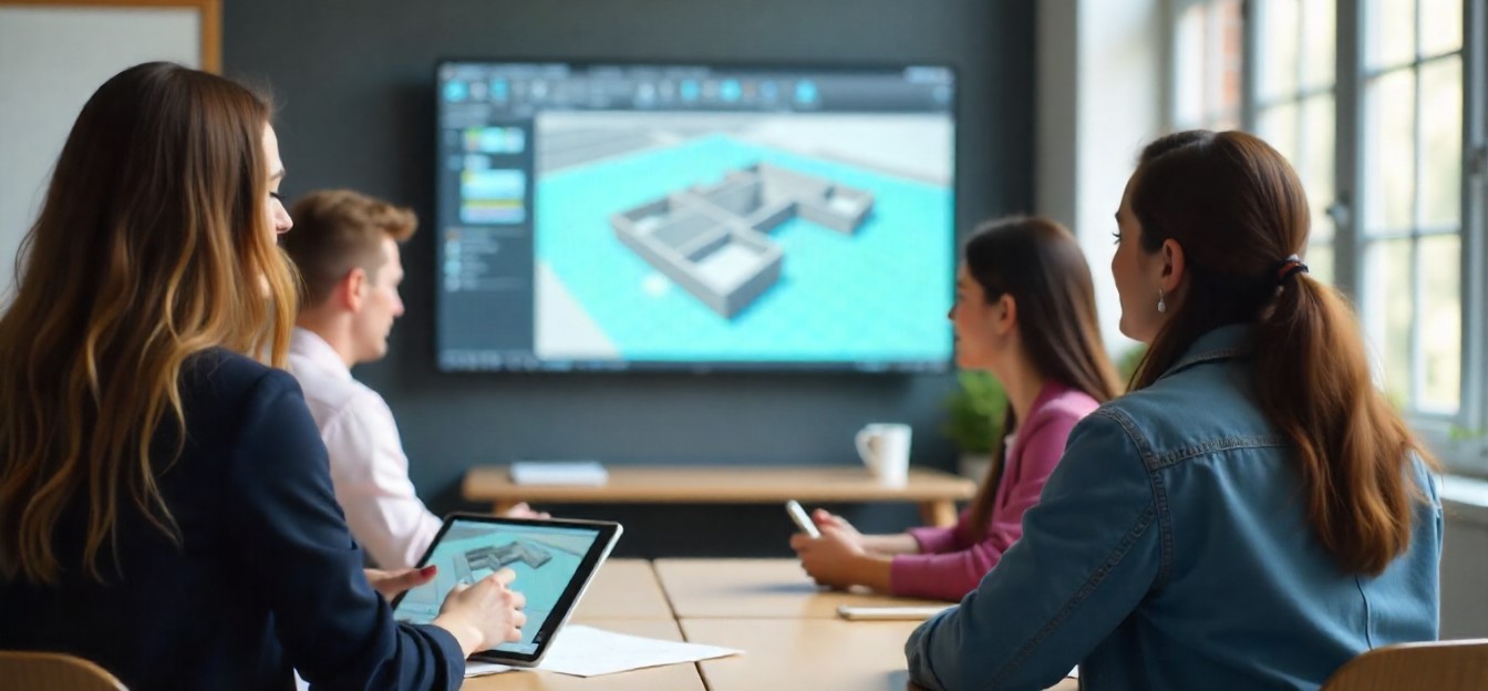 Estudiantes y profesionales BIM trabajando en aula moderna