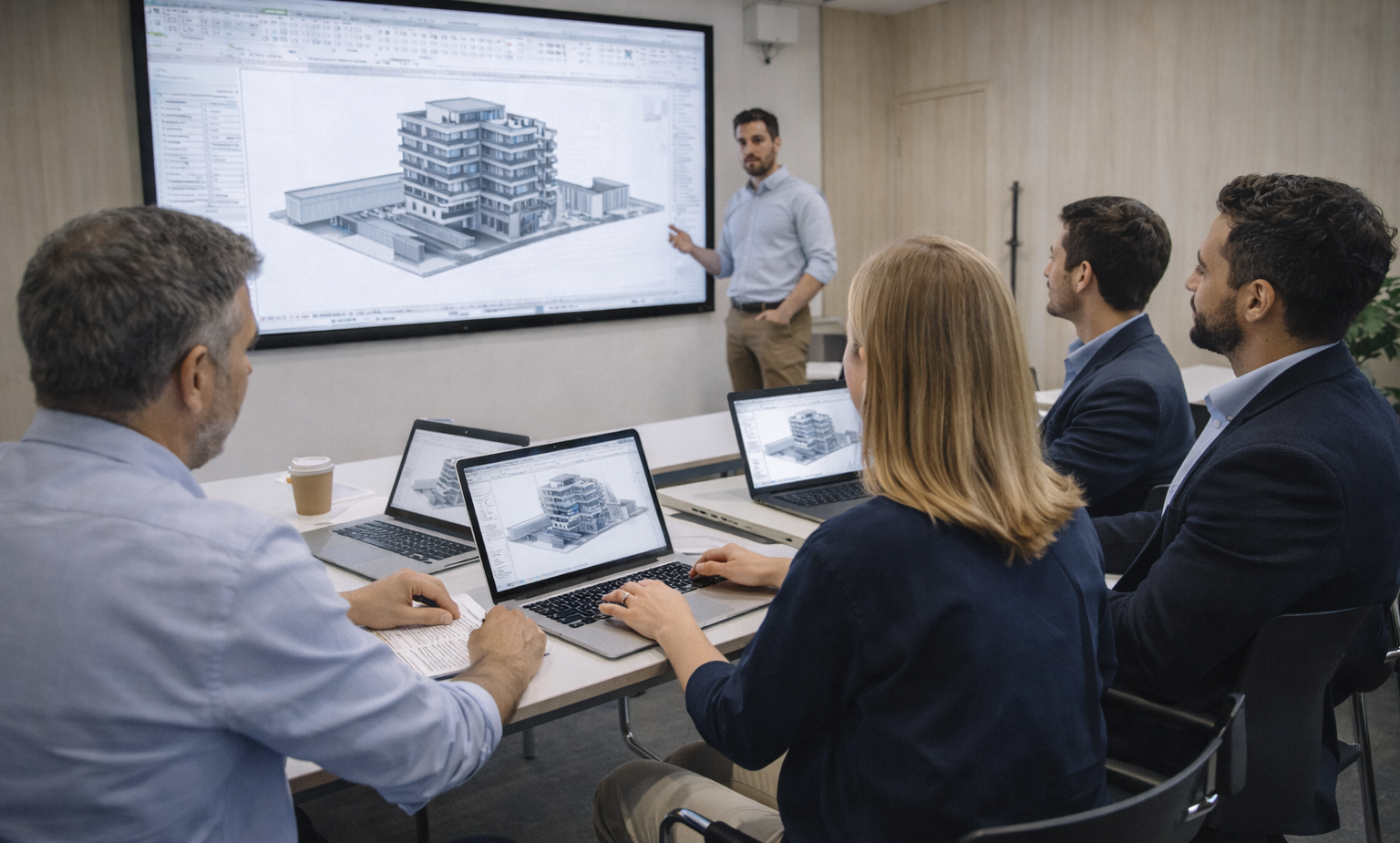 Profesionales ejecutivos colaborando en proyecto BIM con tecnologia Building Information Modeling avanzada en Madrid