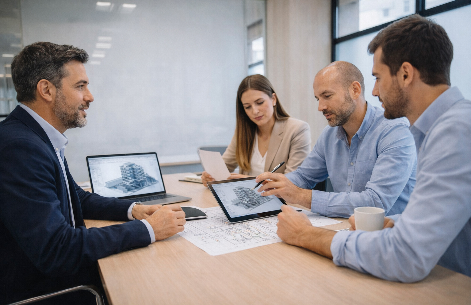 Equipo profesional colaborando en planes de construccion BIM